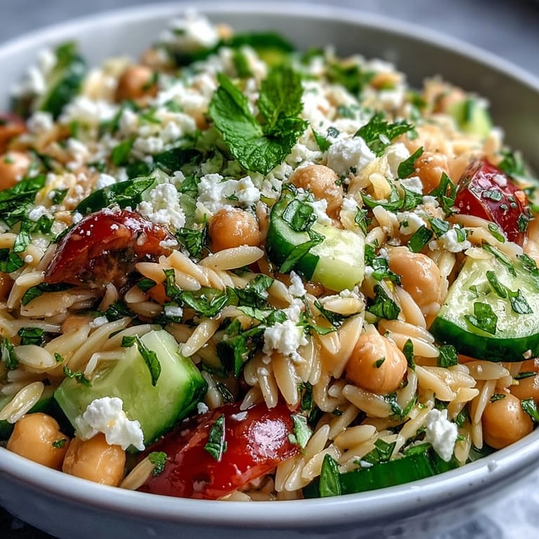 Hearty Lemony Chickpea Orzo Salad, featuring tender pasta and protein-packed chickpeas.