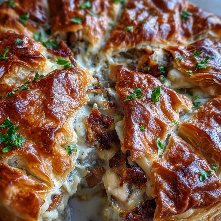 A rustic slice of Chicken and Leek Pie reveals tender chicken pieces, sautéed leeks, and a rich, creamy sauce under the crust.