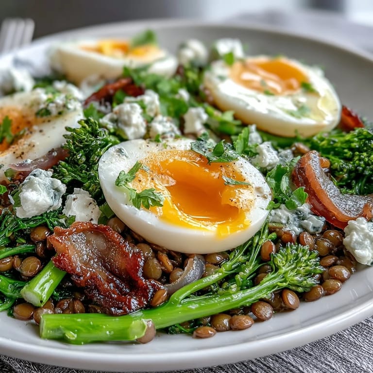 Close-up of French Lentil Salad With Broccolini and Soft-Cooked Eggs showcasing golden yolks, crisp broccolini, and parsley on a white plate.