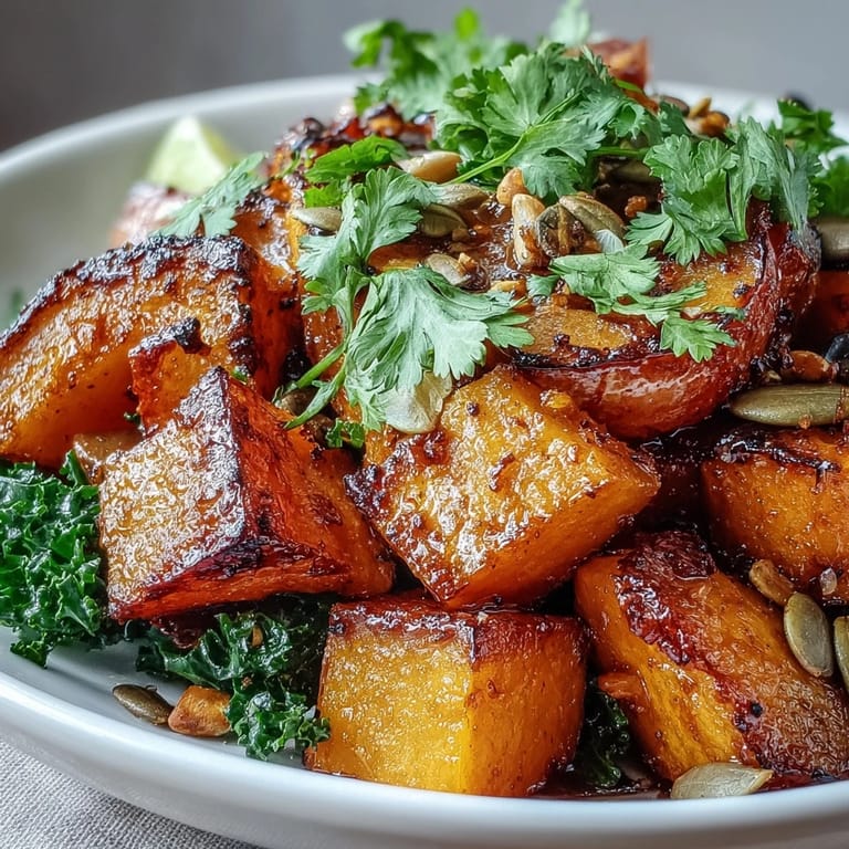 Heaping portion of Sweet and Spicy Red Kuri Squash Bowl with fresh cilantro and lime wedges.