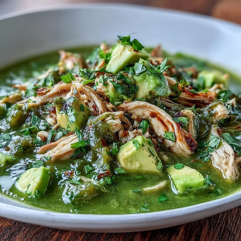 Close-up of Chicken Chili Verde in a rustic pot, showing the tangy green sauce and juicy shredded chicken, perfect for a comforting family dinner.
