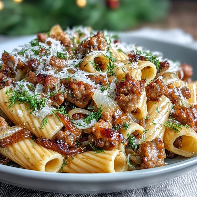 A skillet of winter pasta with sausage and fennel bubbling with aromatic sauce and sweet fennel slices.