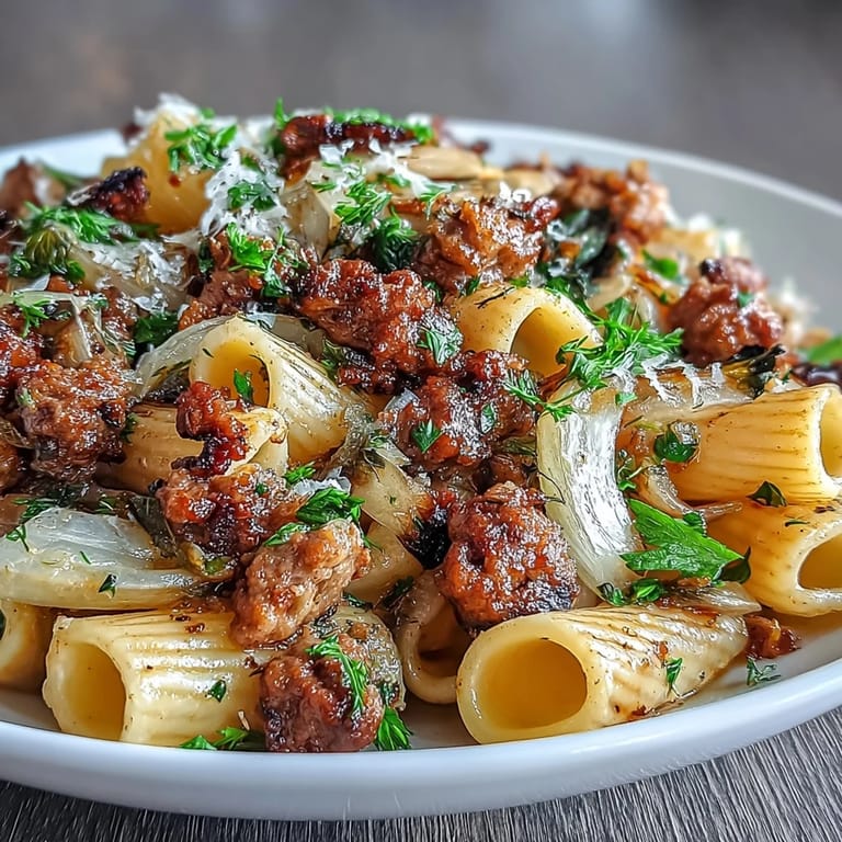 Plated winter pasta with sausage and fennel topped with fresh fennel fronds alongside crusty bread on a table.