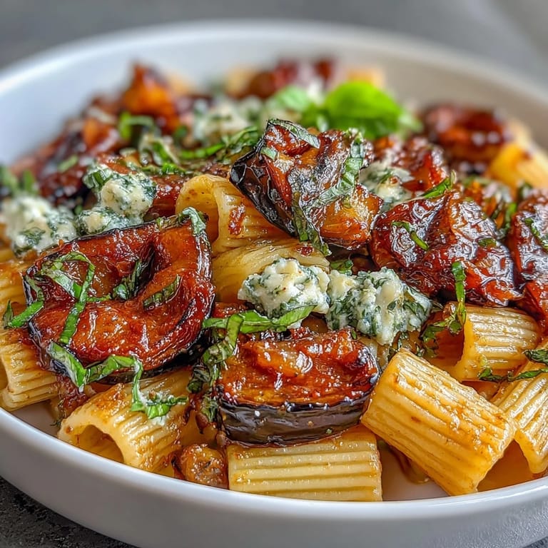 Freshly prepared Pasta Alla Norma with roasted eggplant and tomato sauce, garnished with basil and ricotta salata, ready to be served as a vegetarian main dish.