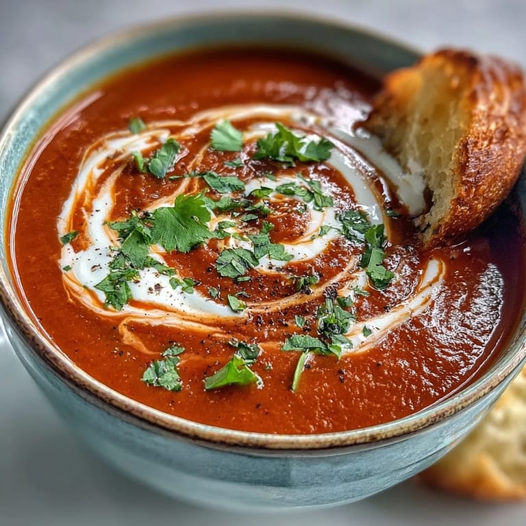 Smooth roasted red pepper soup, featuring charred pepper skins and a garnish of crème fraîche and fresh parsley on top.