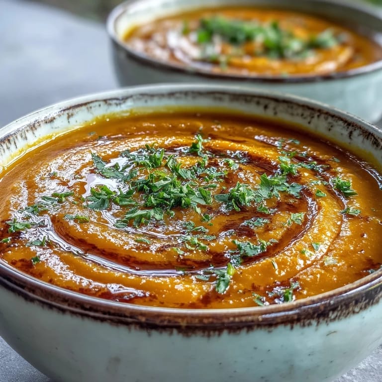 Close-up of steaming Carrot and Lentil Soup, highlighting chopped carrots and red lentils in a hearty, golden-hued broth.