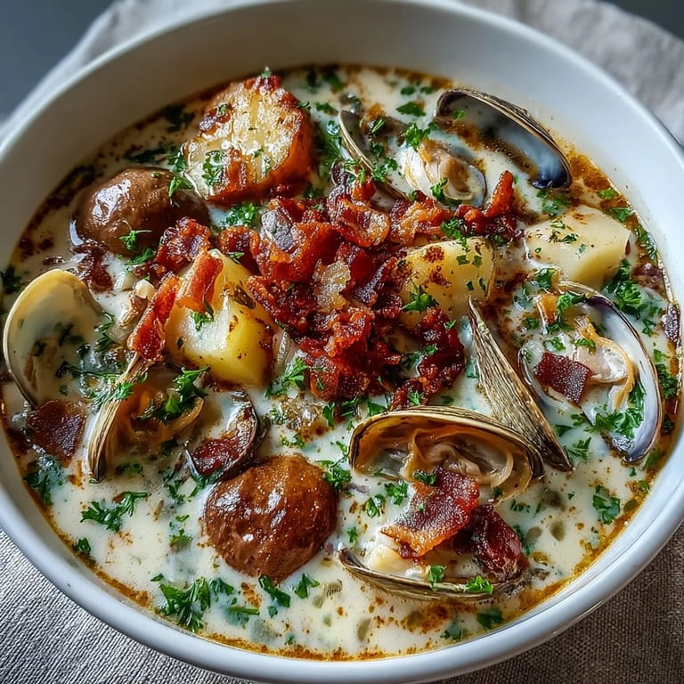Steaming pot of New England Clam Chowder with tender potatoes, clams, and diced celery in a rich, buttery broth.
