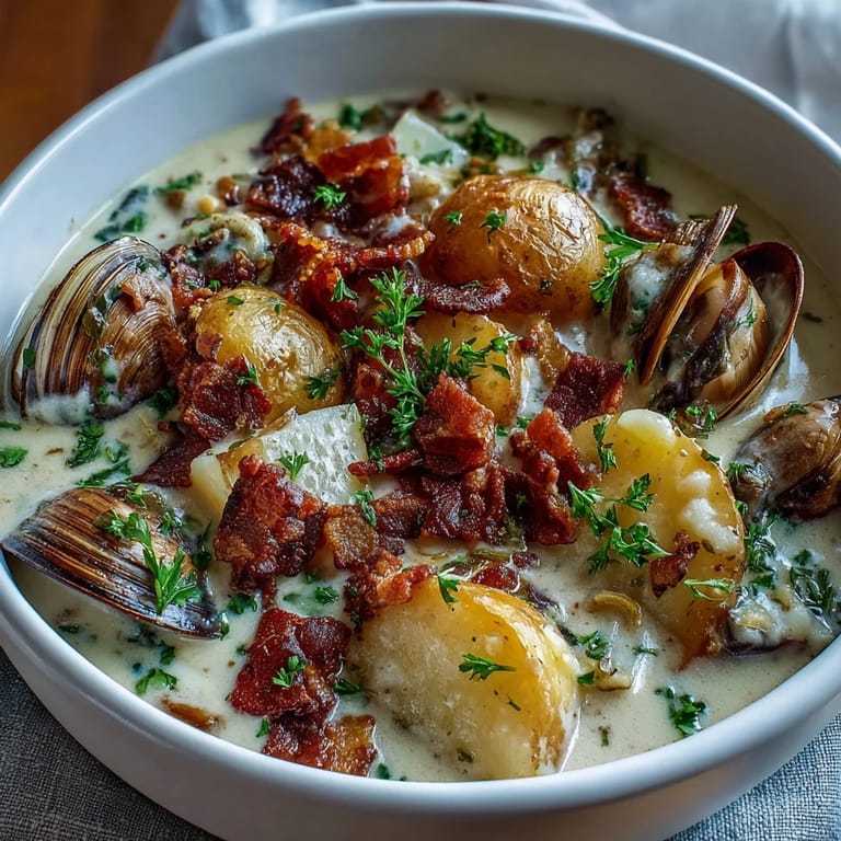 A hearty bowl of New England Clam Chowder with oyster crackers alongside, perfect for a cold Northeastern evening.