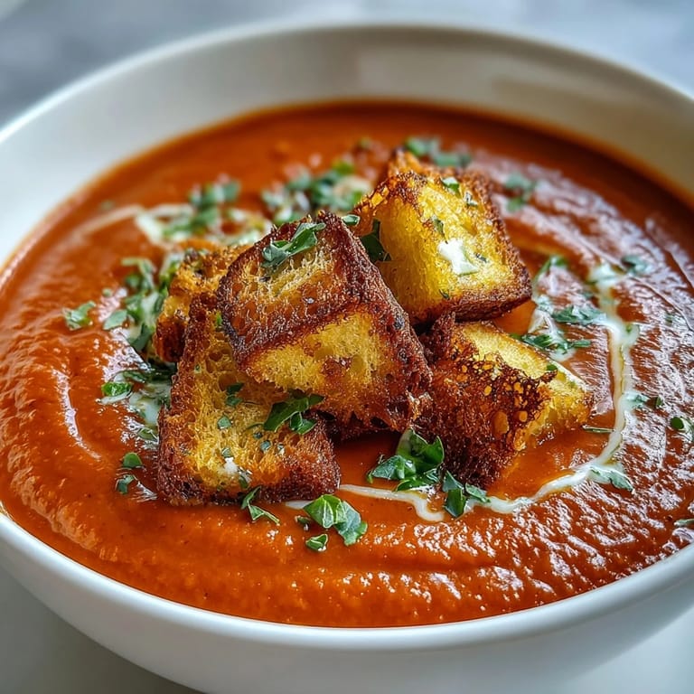 Overhead view of Roasted Red Pepper Soup with Crispy Croutons, highlighting golden bread cubes and fresh parsley garnish.