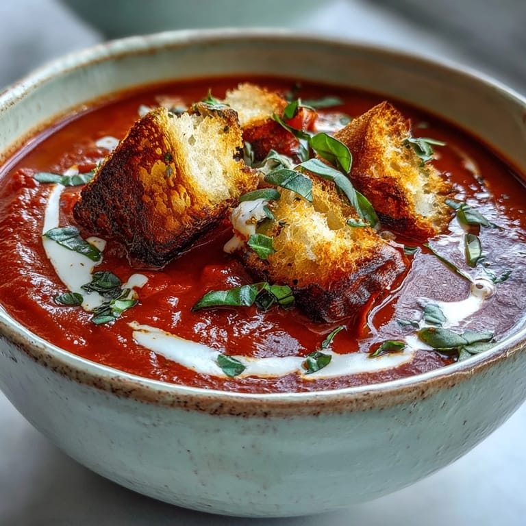 Warm bowl of velvety roasted tomato soup with a swirl of cream and crisp croutons.  