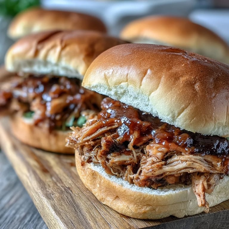 Hearty Applesauce Pulled Pork Sandwiches served on a rustic wooden board with pickle spears and a side of apple cider.