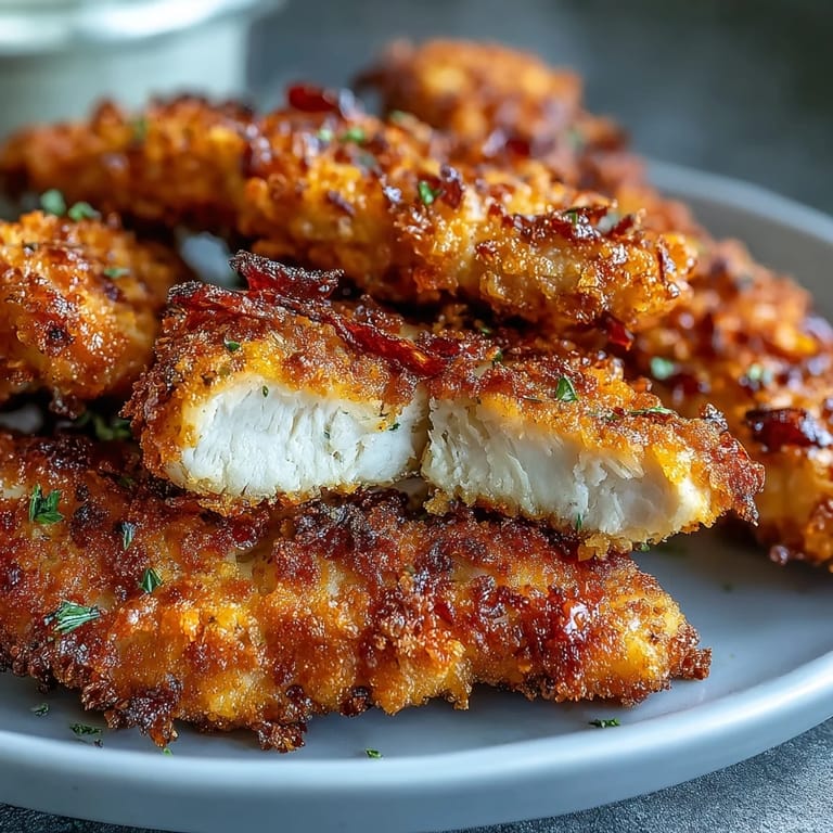 Freshly cooked Air Fryer Chicken Strips with Parmesan and paprika breading, paired with sweet potato fries and ketchup.