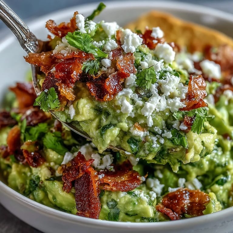 Hearty Bacon Guacamole With Cotija Cheese scooped into a bowl, surrounded by tortilla chips and lime wedges.