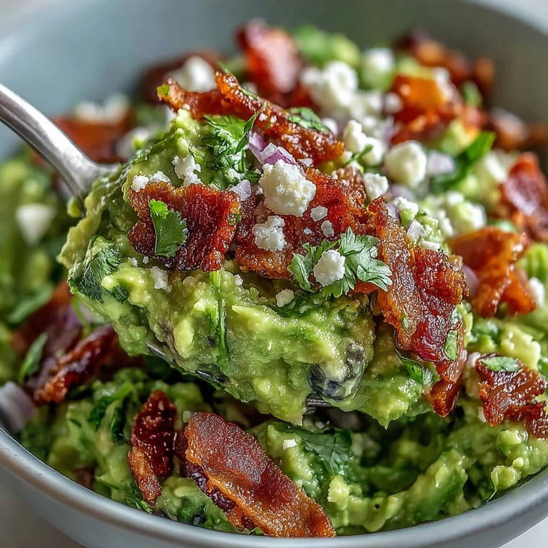 Smoky Bacon Guacamole With Cotija Cheese topped with extra Cotija, diced tomatoes, and jalapeños for bold flavor.
