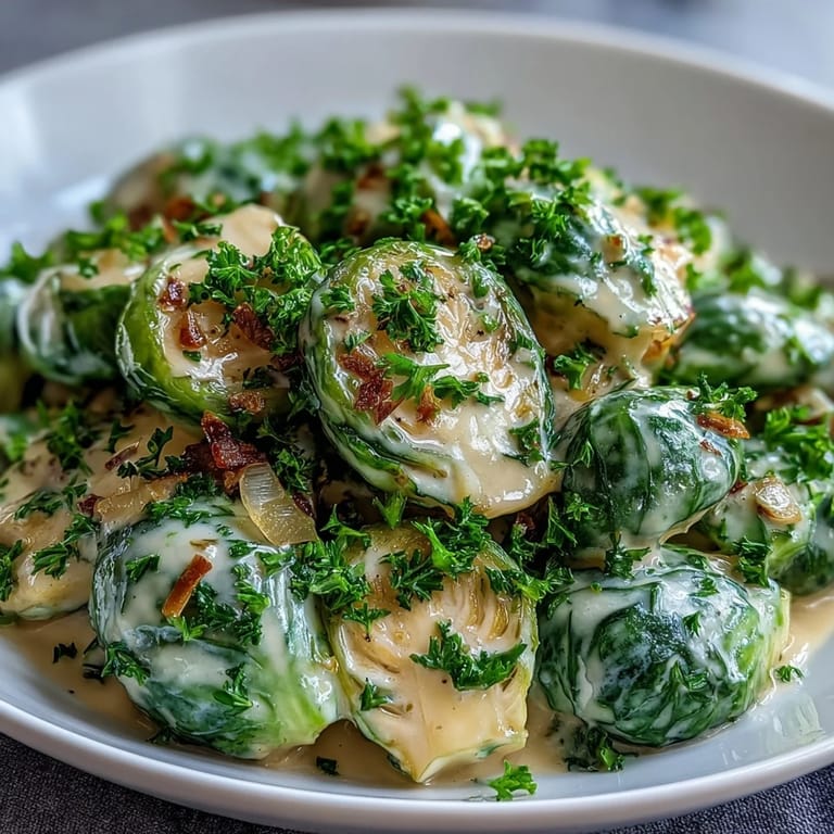 Spoon serving Brussels Sprouts in Cream Cheese-Mustard Sauce onto a plate with roasted chicken for dinner.