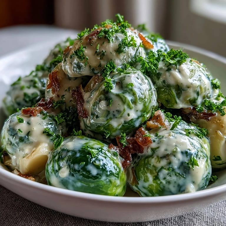 A warm skillet of Brussels Sprouts in Cream Cheese-Mustard Sauce beside a glass of dry Riesling.