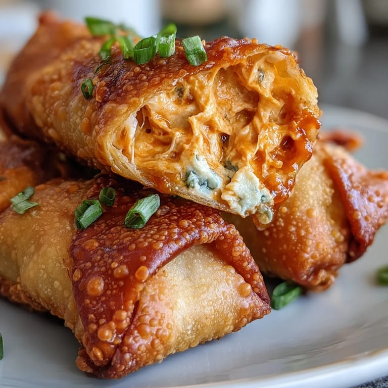 Twelve golden Buffalo Chicken Dip Egg Rolls stacked on a platter with fresh celery sticks for dipping.