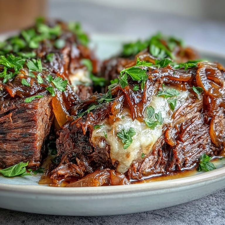 Slow-cooked Savory Crock Pot French Onion Pot Roast served over creamy mashed potatoes with fresh parsley garnish.