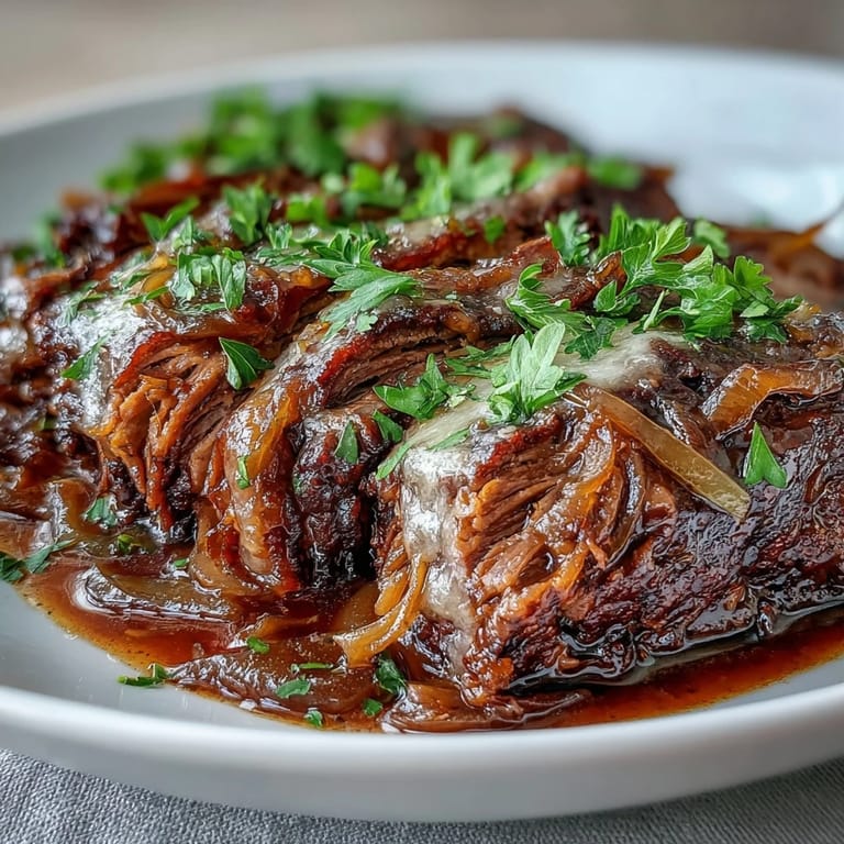 Rich, wine-infused Savory Crock Pot French Onion Pot Roast with melted cheese and thyme, ready to slice and serve.