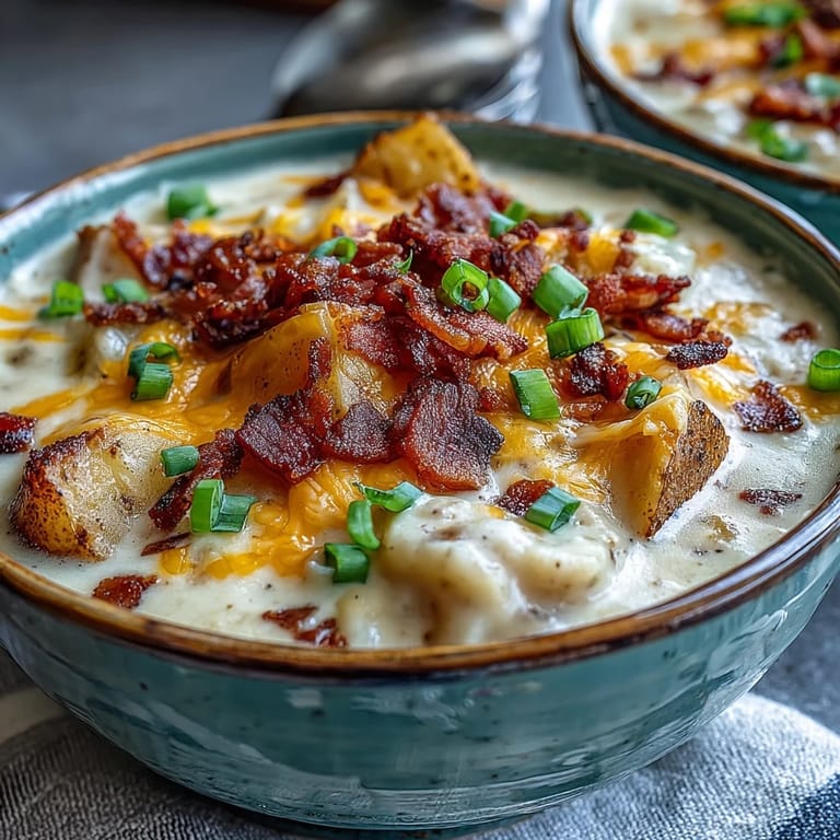 A hearty bowl of loaded potato soup topped with extra cheddar, sour cream, and chopped scallions for a cozy meal.