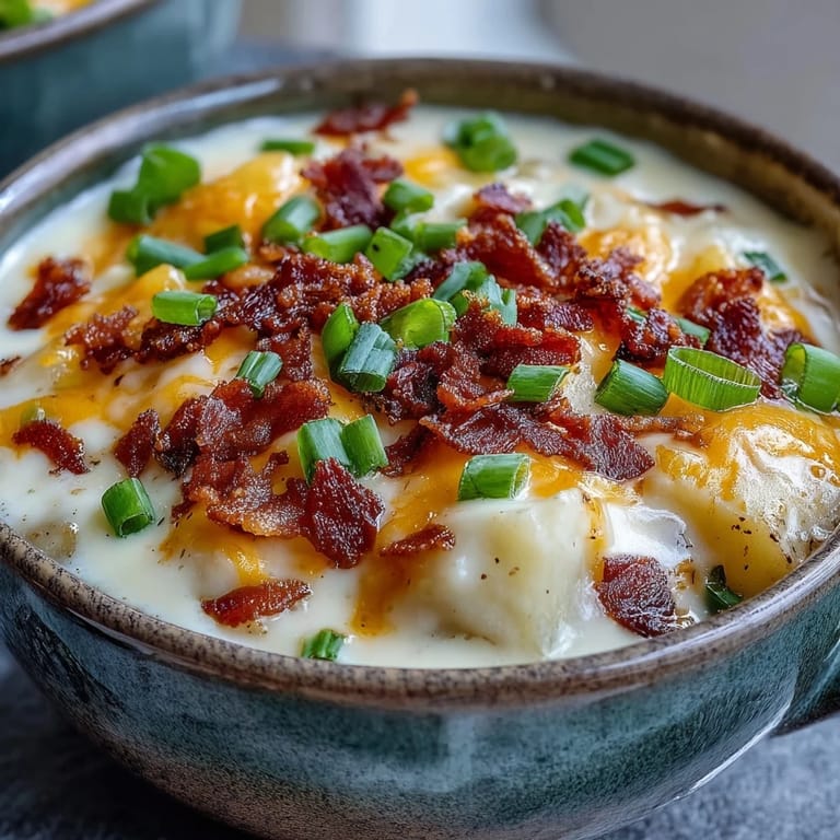 Steamy loaded potato soup served with crusty bread, featuring velvety potatoes, bacon, and cheese for a comforting lunch.