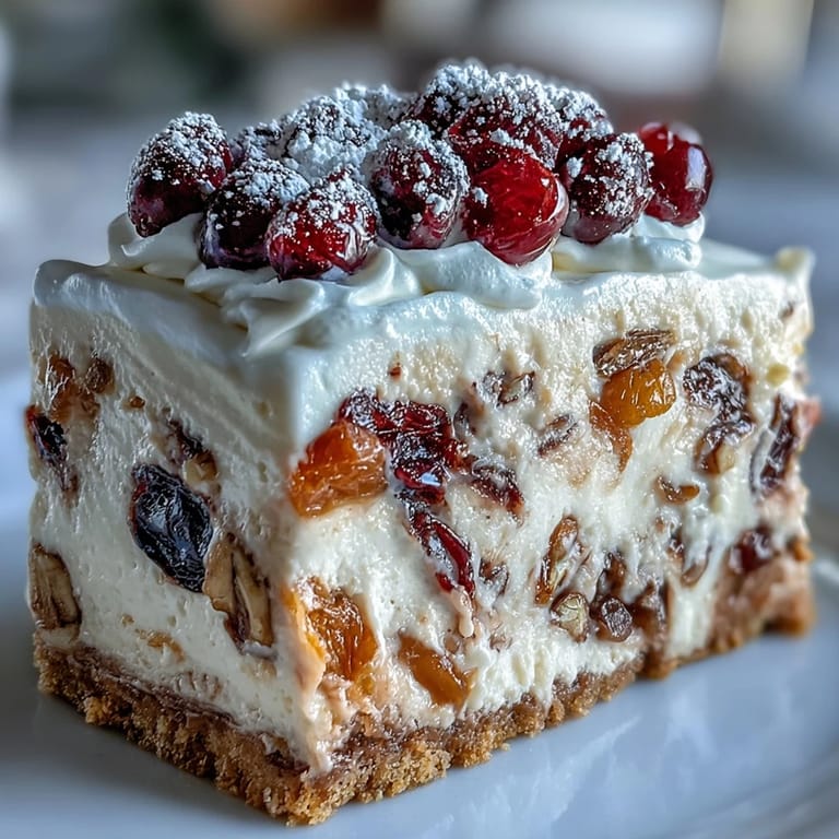 Slices reveal the creamy spice-filled interior of the Christmas Cheesecake Slab resting on a crunchy biscuit crust with dried fruit pieces.