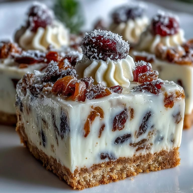 Freshly baked Christmas Cheesecake Slab with golden edges, served with dollops of soft whipped cream and a festive sprinkle of icing sugar.
