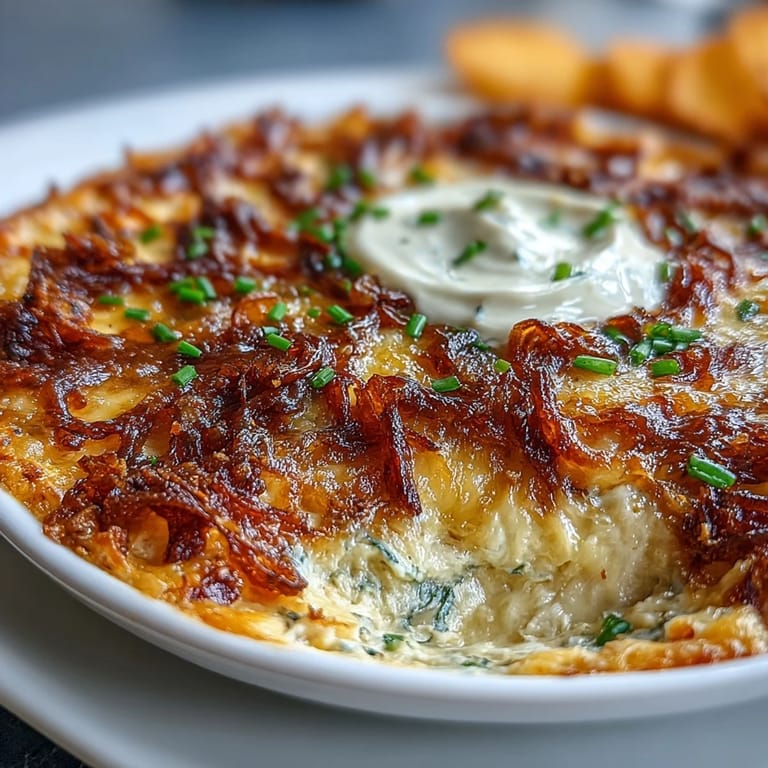 Creamy Smoked Gouda & Onion Dip served warm with a colorful platter of crisp vegetable sticks.