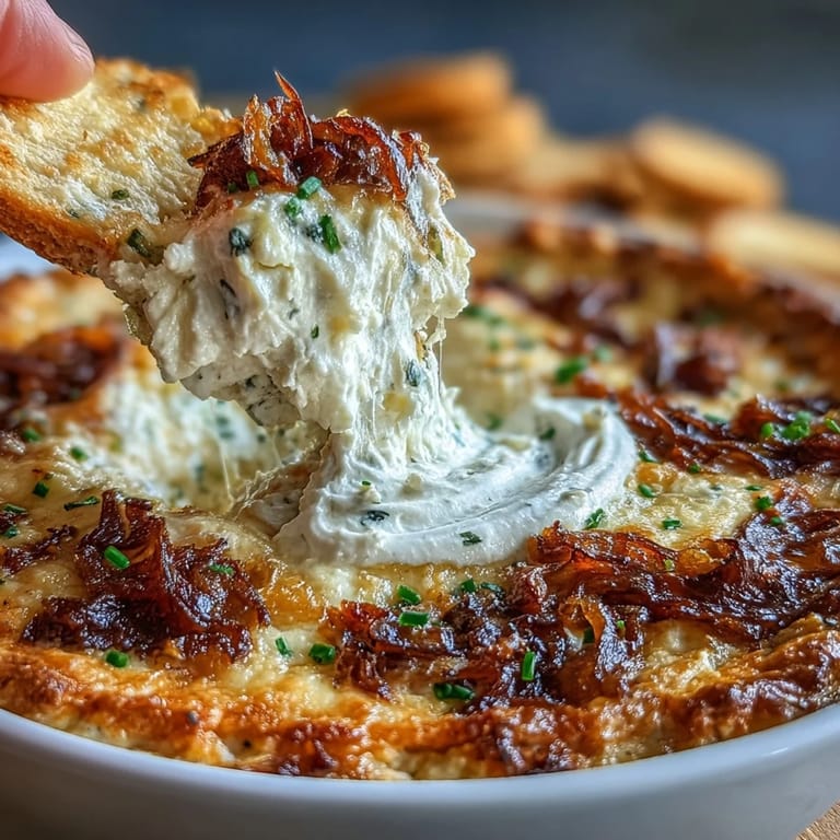 Cheesy Smoked Gouda & Onion Dip topped with chives alongside crunchy tortilla chips for dipping.