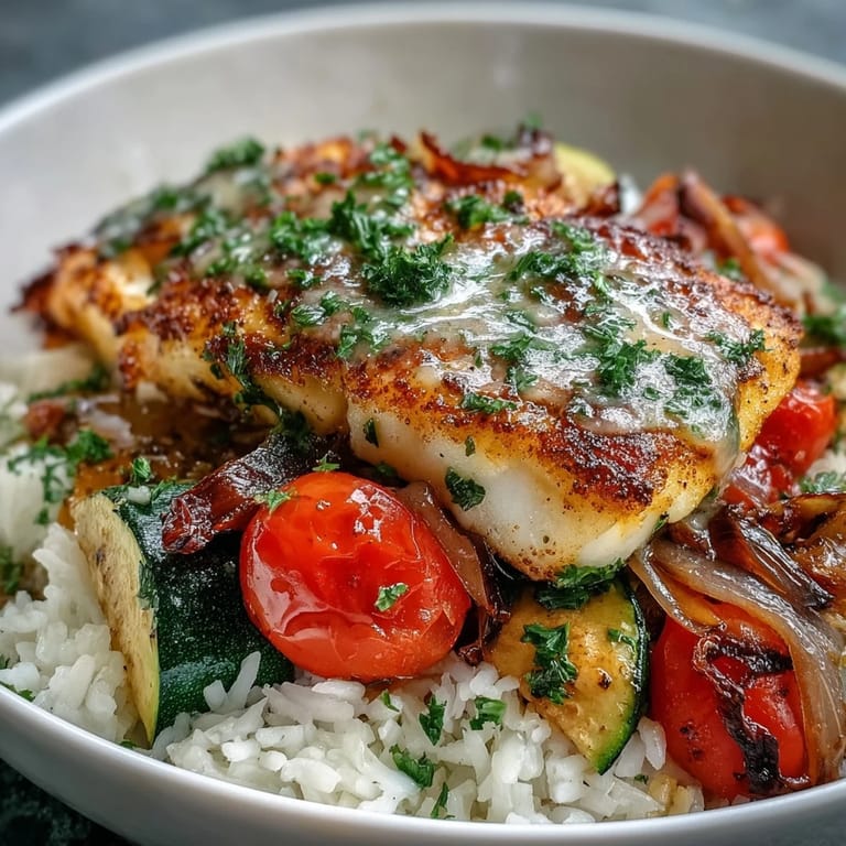 Close-up of a savory Pan-Seared Fish Bowl showing juicy fillets, steaming jasmine rice, and colorful roasted veggies topped with fresh parsley.