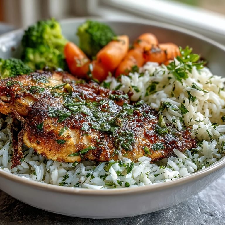 Golden herb-baked tilapia over steamed broccoli and carrots beside fluffy white rice.
