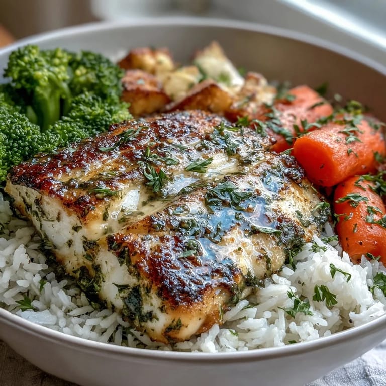 Tender baked tilapia bowl with lemon-herb fish, steamed veggies, and fluffy rice.
