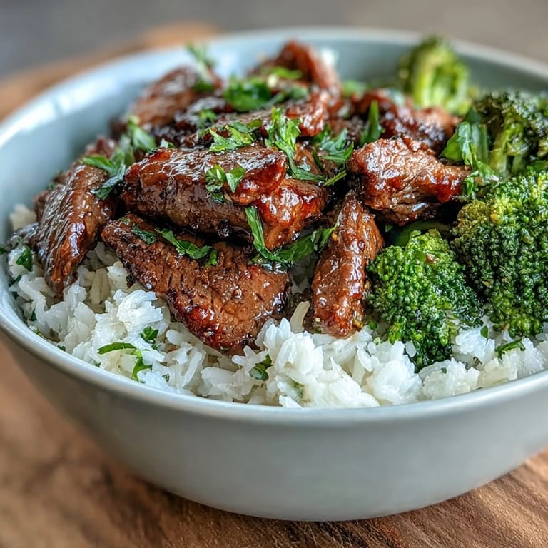 A close-up of a steaming Beef and Broccoli Bowl, showcasing glossy sauce coating the beef and crisp-tender broccoli florets over rice.