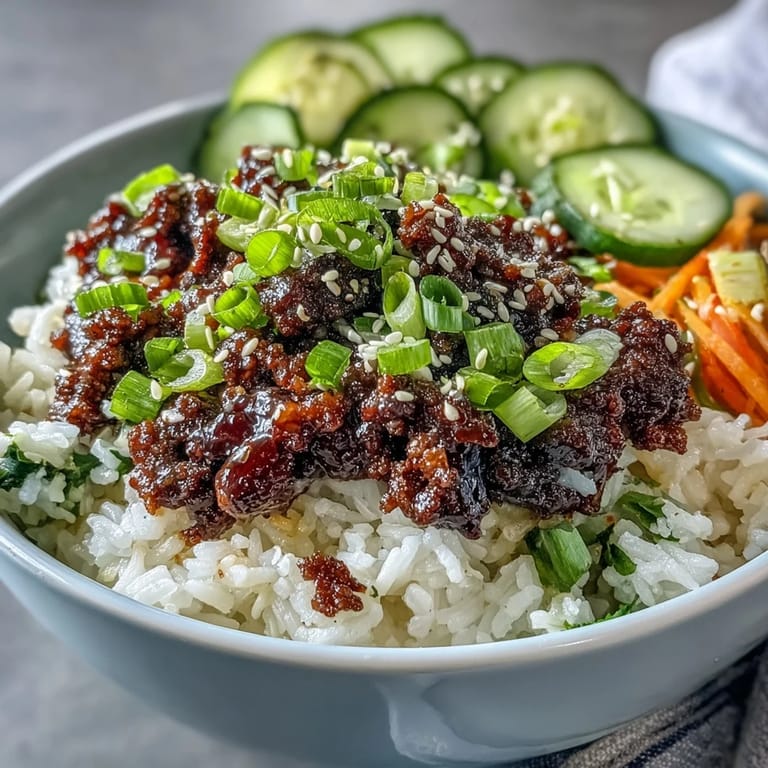 Hot Korean Ground Beef Bowl topped with fresh green onions and sesame seeds, next to a fork.