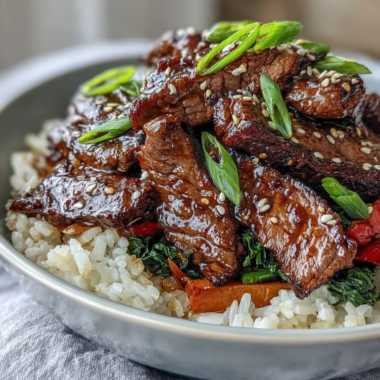 Sizzling Teriyaki Beef Bowl garnished with green onions and sesame seeds, ready to serve.