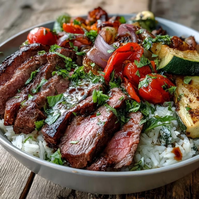 Golden roasted cherry tomatoes and zucchini mingle with tender steak strips and steamed rice in this easy Sheet Pan Steak and Veggie Bowl.