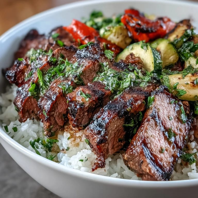 Fluffy white rice serves as the base for this grilled steak bowl, layered with roasted bell peppers, zucchini, and onions, finished with a zesty chimichurri drizzle.