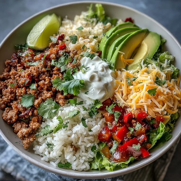Wholesome Turkey Taco Bowl loaded with savory turkey, crisp lettuce, juicy tomatoes, and melty cheese for a satisfying meal.  