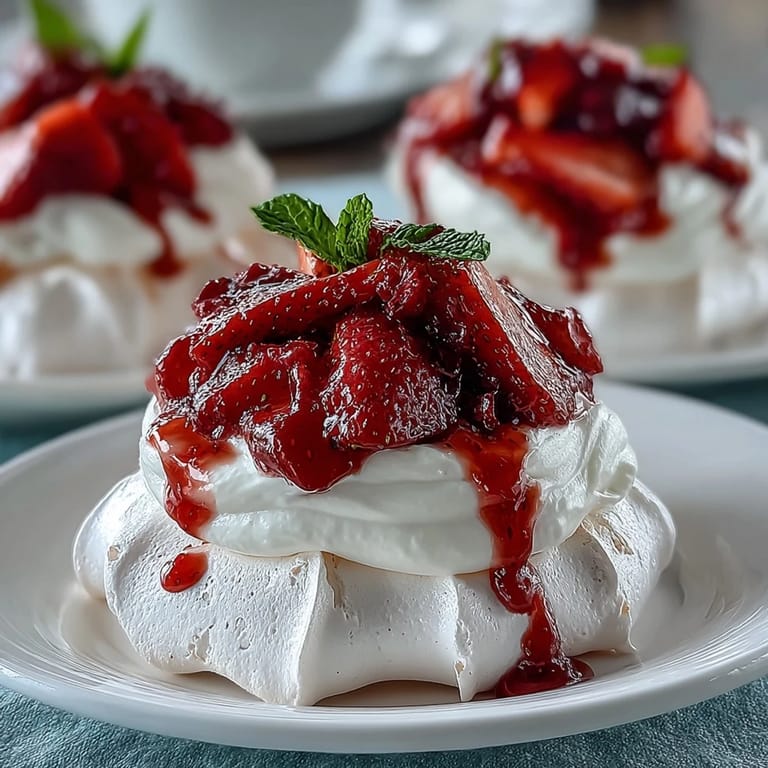Mini pavlovas filled with airy vanilla whipped cream and fresh strawberries, a perfect spring dessert.