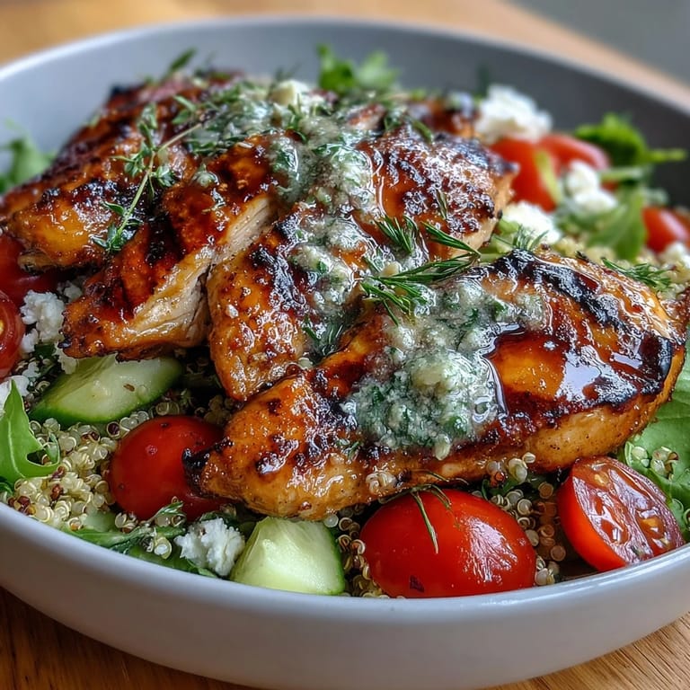 Zesty lemon vinaigrette drizzled over grilled chicken and vibrant veggies in a nourishing bowl.