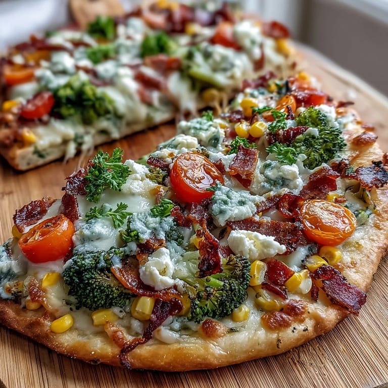 Festive St. Patricks Day Rainbow Veggie Flatbread Pizza topped with mozzarella, feta, and a rainbow of fresh bell peppers and greens.