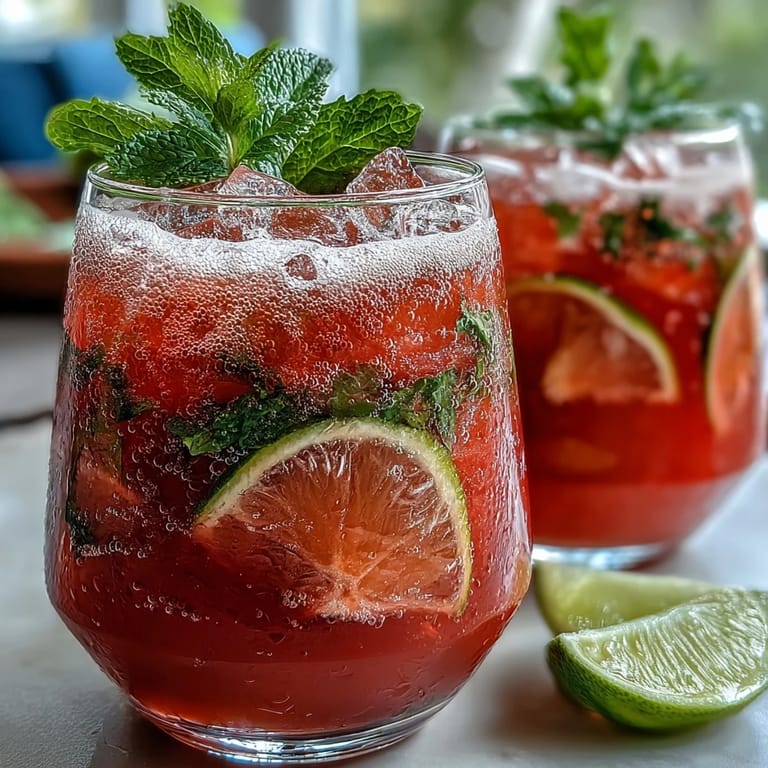 Cold Watermelon Lime Sparkling Punch with ice cubes, sparkling water bubbles, and fresh mint sprigs in a glass pitcher.