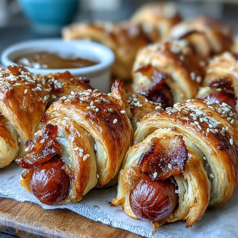 Flaky crescent dough encases cocktail sausages, brushed with egg wash and sprinkled with sesame seeds, ready for dipping in zesty sauce.  