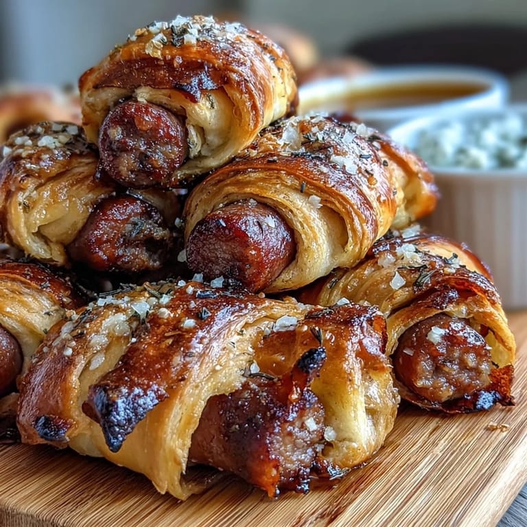 Warm mini pigs in a blanket arranged on a platter with creamy honey mustard dipping sauce, perfect for game day or parties.