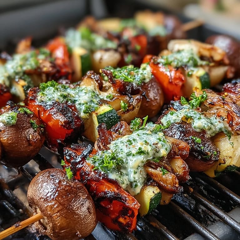 Summer veggie skewers sizzling on the grill, served with a fresh, herby chimichurri sauce.  