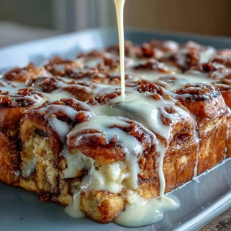 Fluffy pancake casserole baked with cinnamon swirls and topped with smooth cream cheese glaze for breakfast bliss.