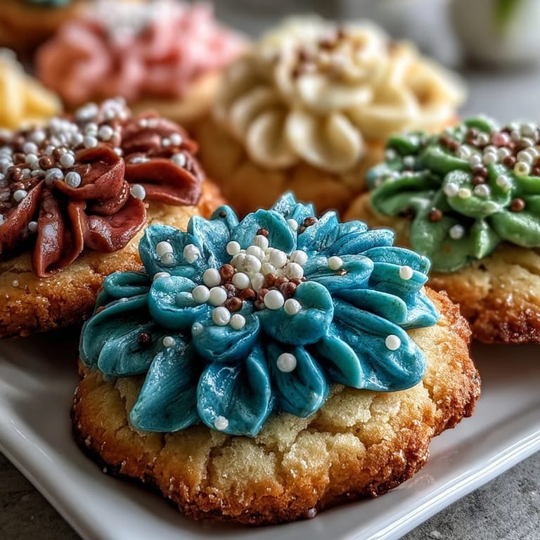 Delicate buttery shortbread cookies in floral shapes, beautifully decorated with colorful royal icing for a cheerful spring treat.