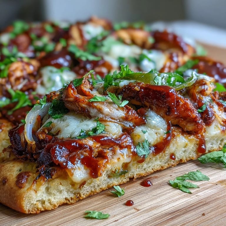 Golden flatbread pizza loaded with BBQ chicken, red onion, and jalapeño for a spicy kick.
