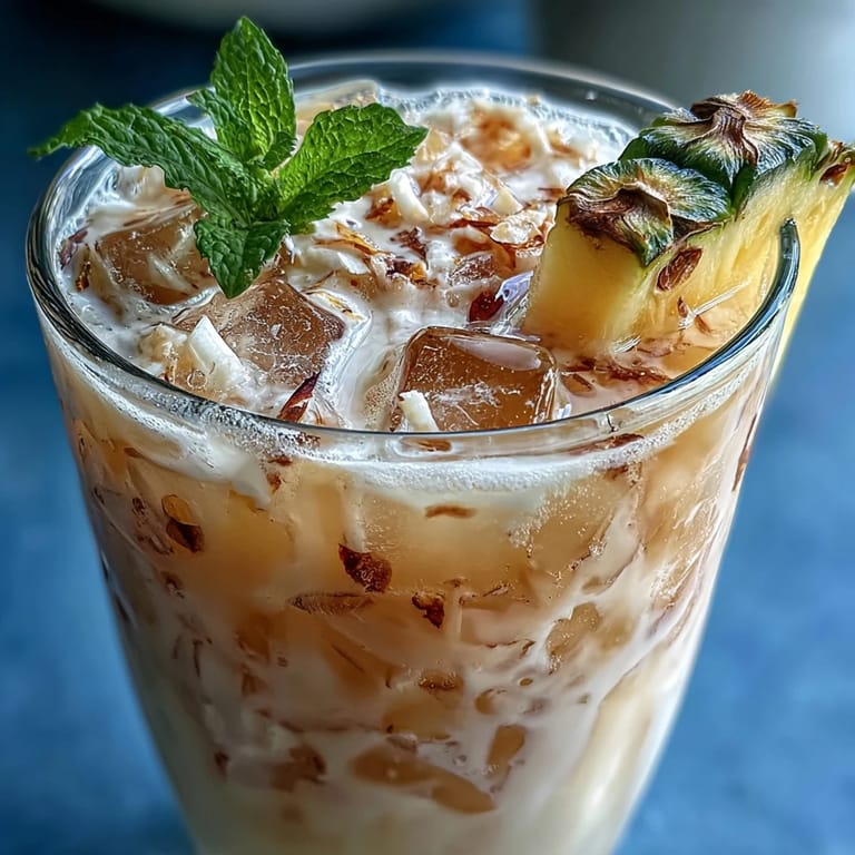 Vibrant aqua fresca drink featuring fresh pineapple cubes and coconut milk, served over ice with mint garnish.