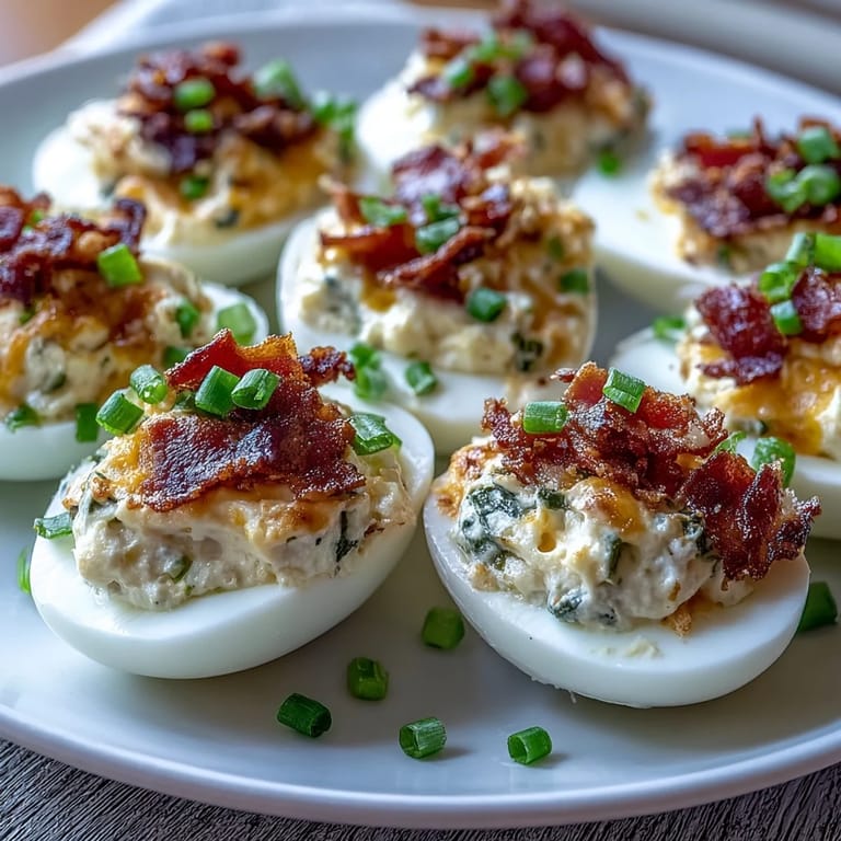 Classic deviled eggs transformed with jalapeño, bacon, and cream cheese for a zesty, crowd-pleasing snack.